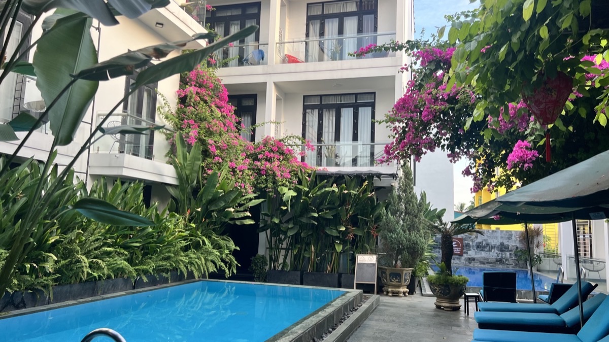 The courtyard pool framed by blooming bougainvillea